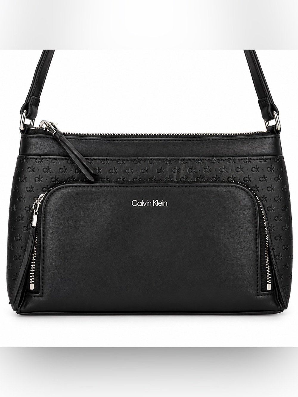 Calvin Klein Black CK Monogram Crossbody Bag Silver Hardware